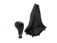 Ручка КПП Sal-Man черный лак с пыльником и красной строчкой в стиле Весты для Датсун, Гранта FL, Гранта, Калина 2 с тросовым приводом