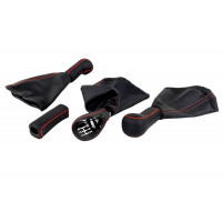 Полный комплект ручек КПП, раздатки и ручного тормоза в стиле Весты с красной строчкой и  вставкой черный лак для Лада 4х4, Нива Легенд