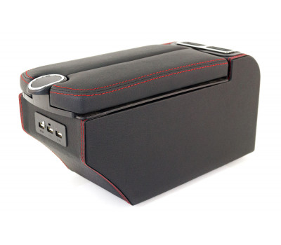 Подлокотник из экокожи с красной прострочкой с крышкой на кнопке, подстаканником и USB универсальный