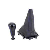 Ручка КПП Sal-Man с черной лаковой вставкой и рамкой, пыльником и синей строчкой под тросовый привод КПП для Приора 2 Ручка КПП Sal-Man с черной лаковой вставкой и рамкой, пыльником и синей строчкой под тросовый привод КПП для Приора 2