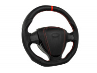 Анатомический руль в стиле Приоры полностью обшитый экокожей с красной строчкой и черной лаковой вставкой для Приора, Калина, Гранта, Нива Тревел, Шевроле Нива, ВАЗ 2110-2112 с европанелью