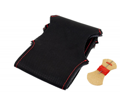 Кожаная оплетка руля Sal-Man анатомической формы с красной строчкой для Шевроле Нива рестайлинг с 2009 г., Opel Corsa D 2006-2014 г.