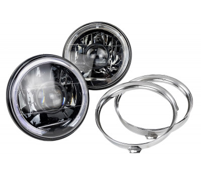 Фары с неоновыми ДХО и темным отражателем с хромированными ободками для Лада 4х4, Нива Легенд