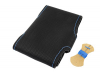 Кожаная оплетка руля Sal-Man анатомической формы с синей строчкой для Калина 1, Шевроле Нива без подушки безопасности Кожаная оплетка руля Sal-Man анатомической формы с синей строчкой для Калина 1, Шевроле Нива без подушки безопасности