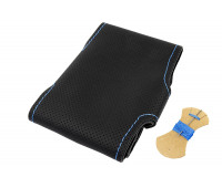 Кожаная оплетка руля Sal-Man анатомической формы с синей строчкой для Калина 1, Шевроле Нива без подушки безопасности Кожаная оплетка руля Sal-Man анатомической формы с синей строчкой для Калина 1, Шевроле Нива без подушки безопасности