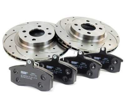 Вентилируемые передние тормозные диски Alnas Sport Euro 2112 R14 с тормозными колодками FERODO (красные) для ВАЗ 2110-2112, Гранта, Калина, Приора, Датсун