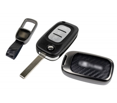 Выкидной ключ замка зажигания с чипом с алюминиевым чехлом (текстура черного карбона) для Веста, Иксрей, Ларгус FL
