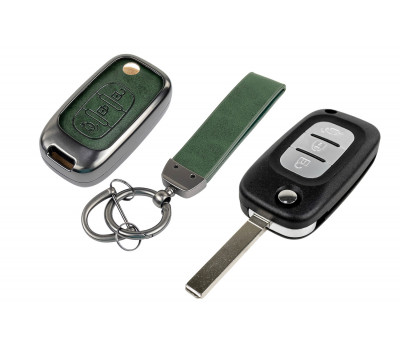Выкидной ключ замка зажигания с чипом с алюминиевым чехлом (зеленый с текстурой кожи) для Веста, Иксрей, Ларгус FL
