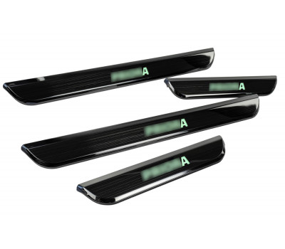 Накладки внутренних порогов черный лак с зеленой подсветкой для Приора