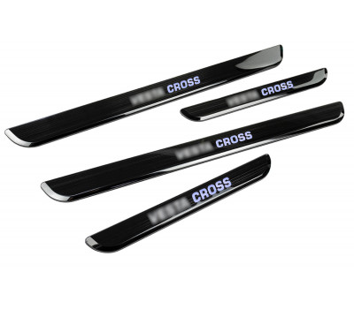 Накладки внутренних порогов черный лак с синей подсветкой для Веста Кросс, Веста NG Кросс Накладки внутренних порогов черный лак с синей подсветкой для Веста Кросс, Веста NG Кросс